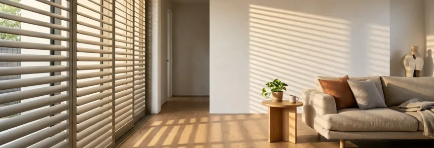 Intérieur moderne avec volets partiellement fermés filtrant la lumière du soleil, créant des jeux d'ombres sur le sol