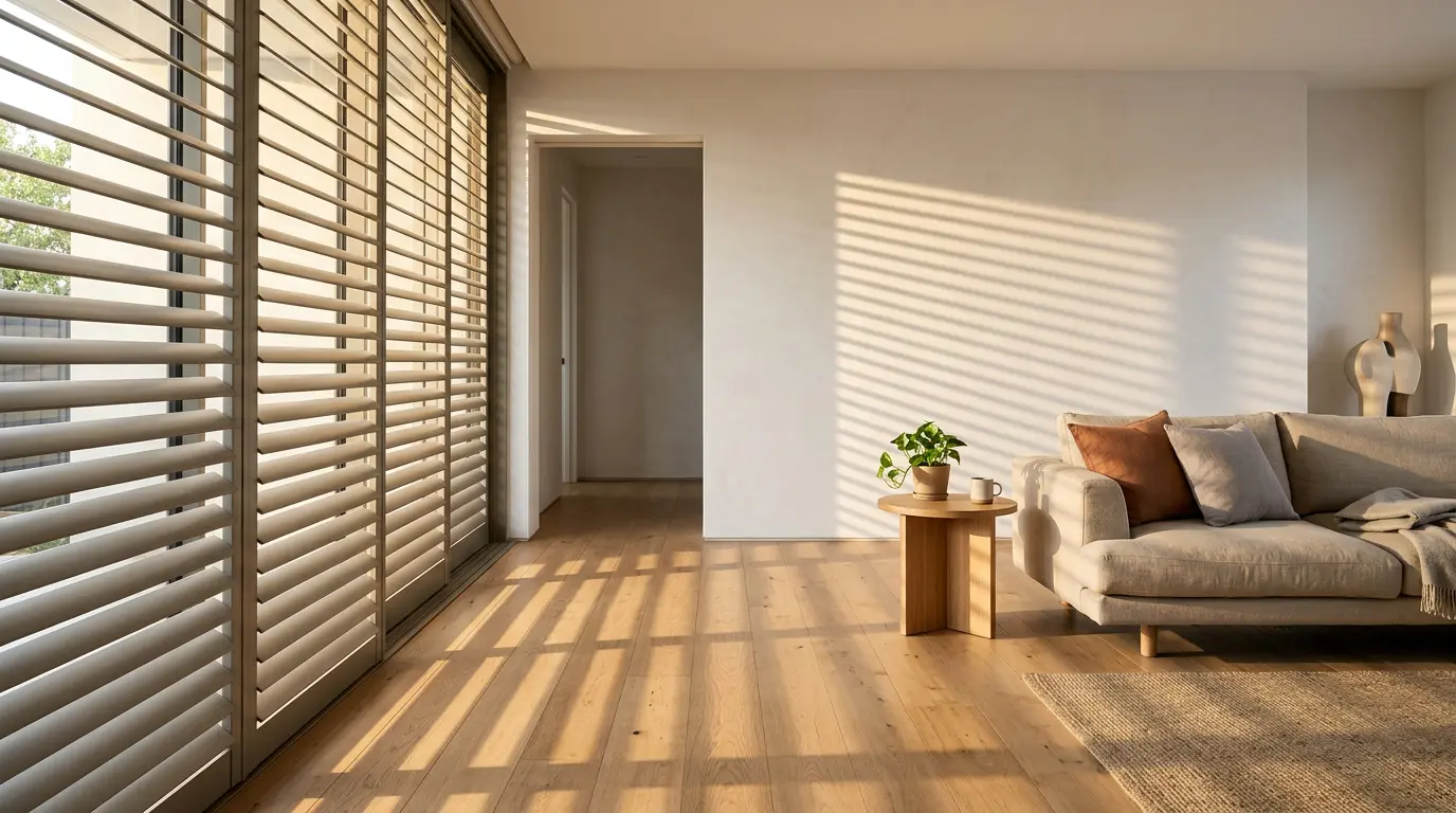 Intérieur moderne avec volets partiellement fermés filtrant la lumière du soleil, créant des jeux d'ombres sur le sol