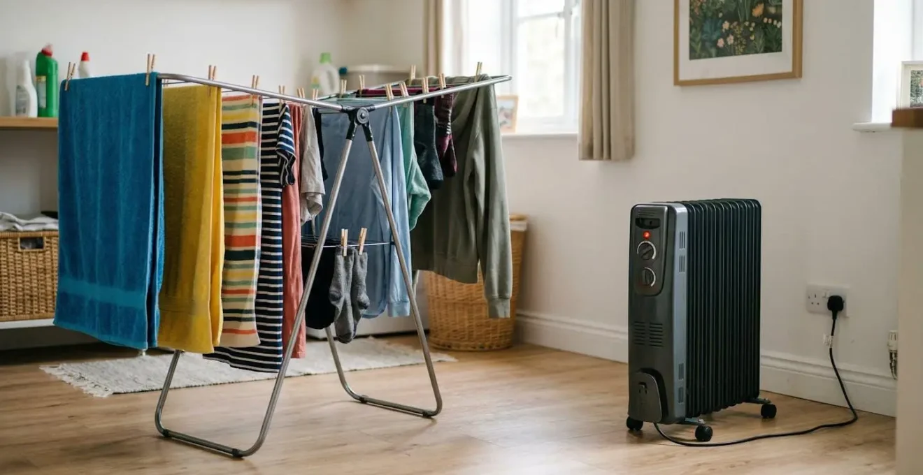 Étendoir à linge positionné à distance sécuritaire d'un radiateur bain d'huile