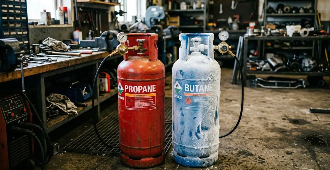 Deux bouteilles de gaz côte à côte dans un atelier, une rouge et une bleue, avec givre visible sur la bouteille bleue symbolisant l'effet du froid sur le butane