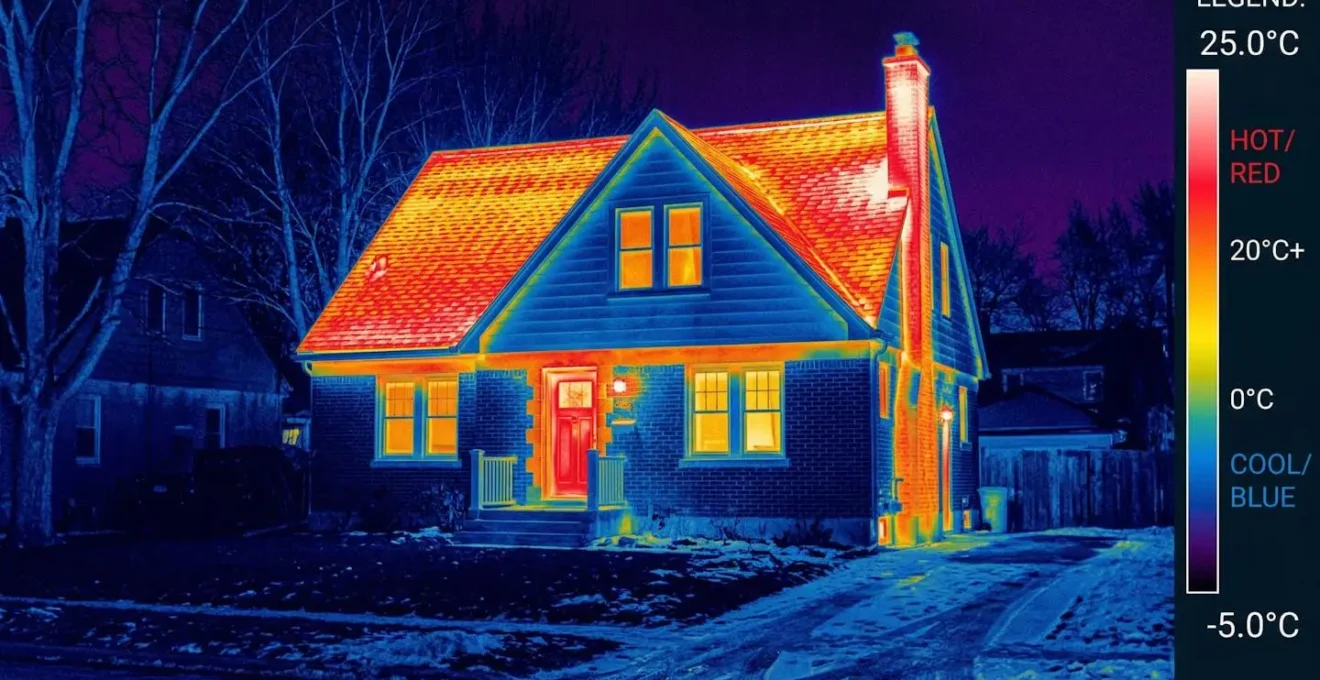 Vue thermographique d'une maison montrant les déperditions de chaleur par le toit