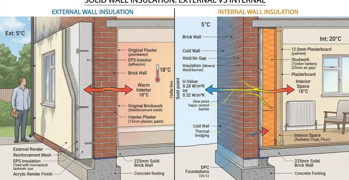 Vue en coupe comparative montrant l'isolation par l'extérieur versus par l'intérieur sur un mur massif