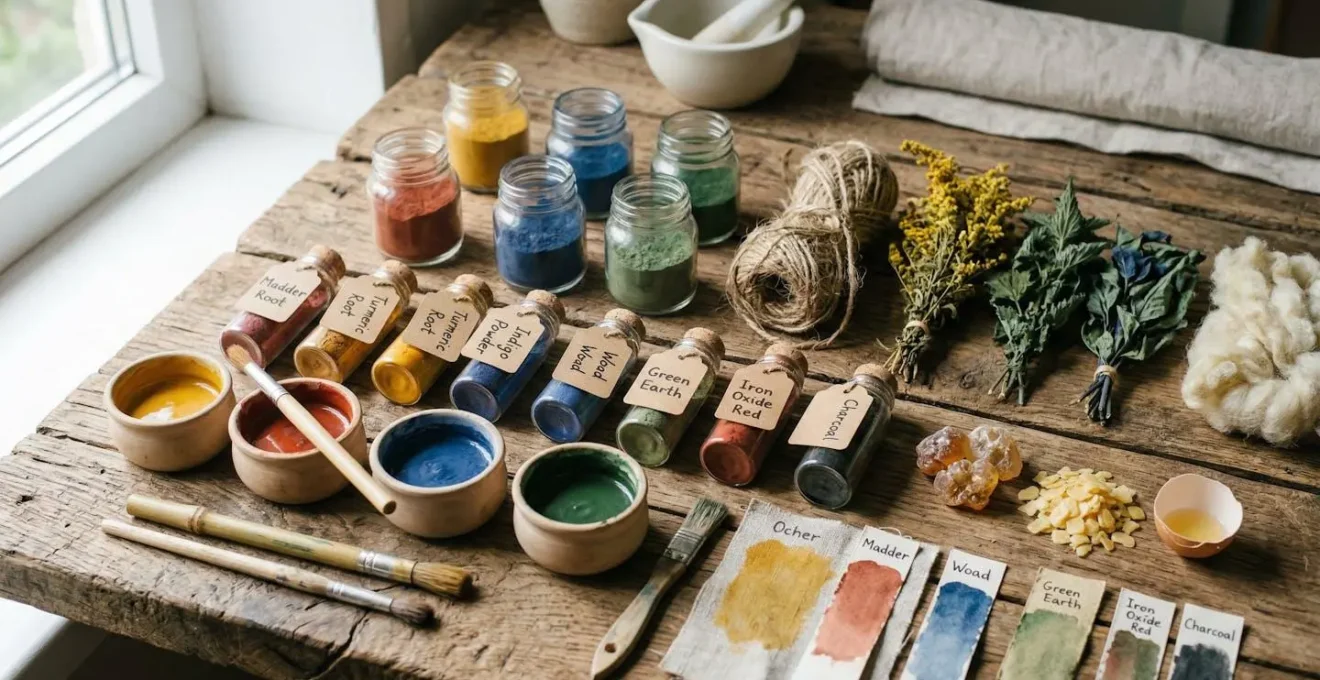 Échantillons de peintures naturelles et matériaux écologiques disposés sur une surface en bois brut