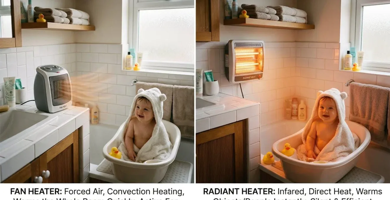 Comparaison visuelle entre chauffage soufflant et rayonnant dans une salle de bain avec bébé