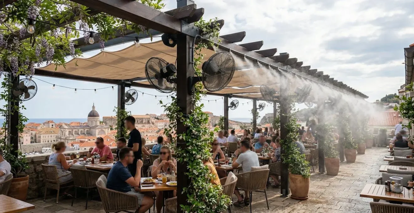 Terrasse équipée d'un système de ventilation et brumisation en action