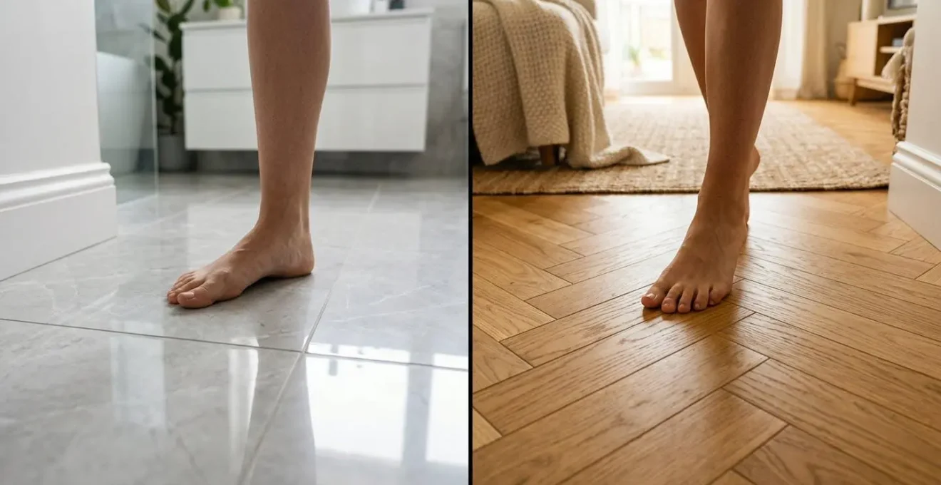 Vue macro comparative des textures de carrelage froid et parquet chaud