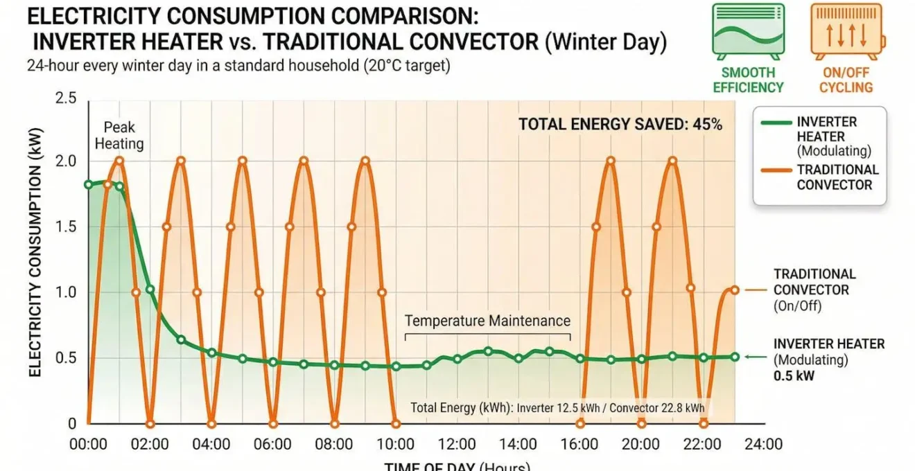 Graphique comparatif montrant les courbes de consommation électrique d'un radiateur Inverter et d'un convecteur classique