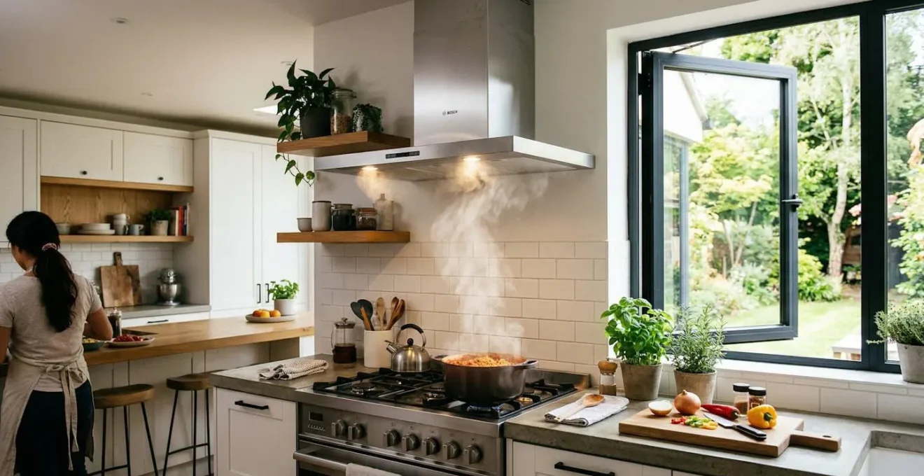 Cuisine moderne avec hotte aspirante en action et fenêtre ouverte pour la ventilation