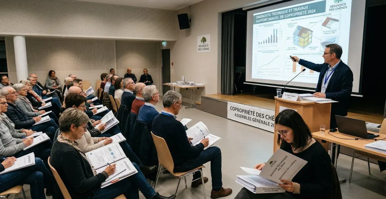Présentation de documents techniques lors d'une réunion de copropriété
