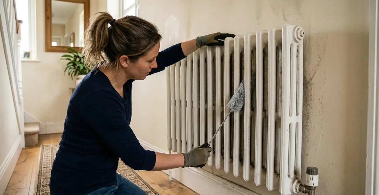 Nettoyage de l'arrière d'un radiateur avec un goupillon spécialisé