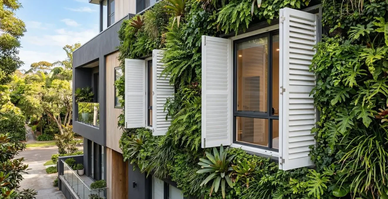Mur végétal luxuriant sur façade moderne avec volets blancs partiellement ouverts