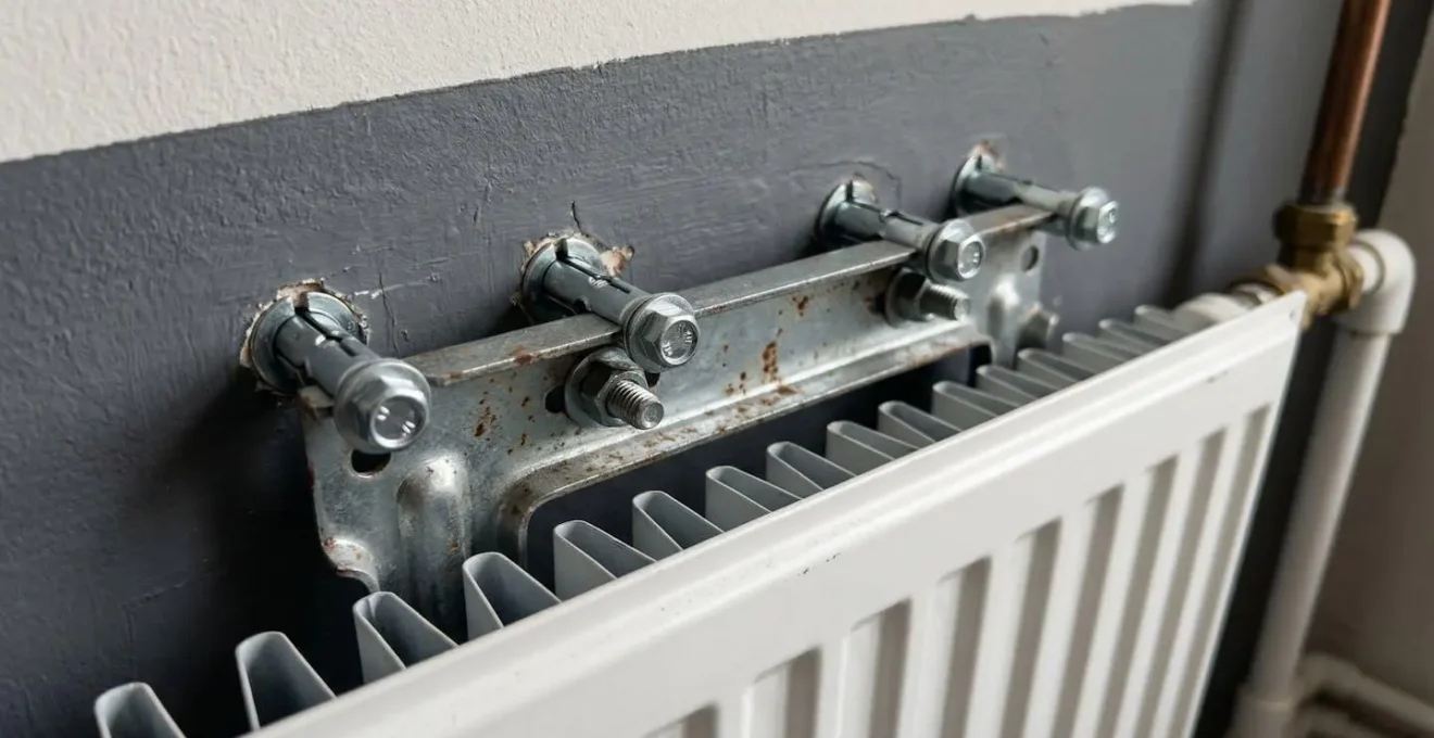 Vue rapprochée de chevilles Molly installées dans une cloison en placo pour supporter un radiateur