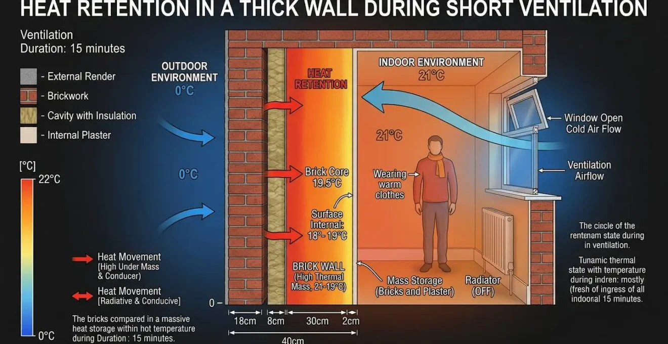 Coupe transversale d'un mur épais montrant la conservation de chaleur pendant une aération courte