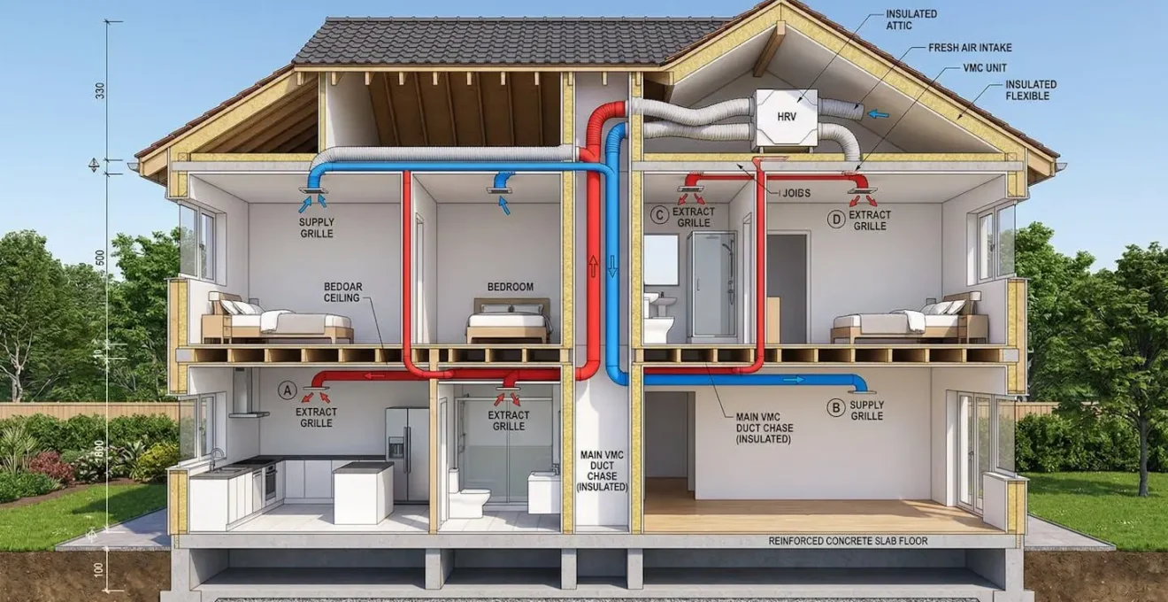 Vue en coupe d'une maison montrant le passage discret des gaines de VMC entre les étages