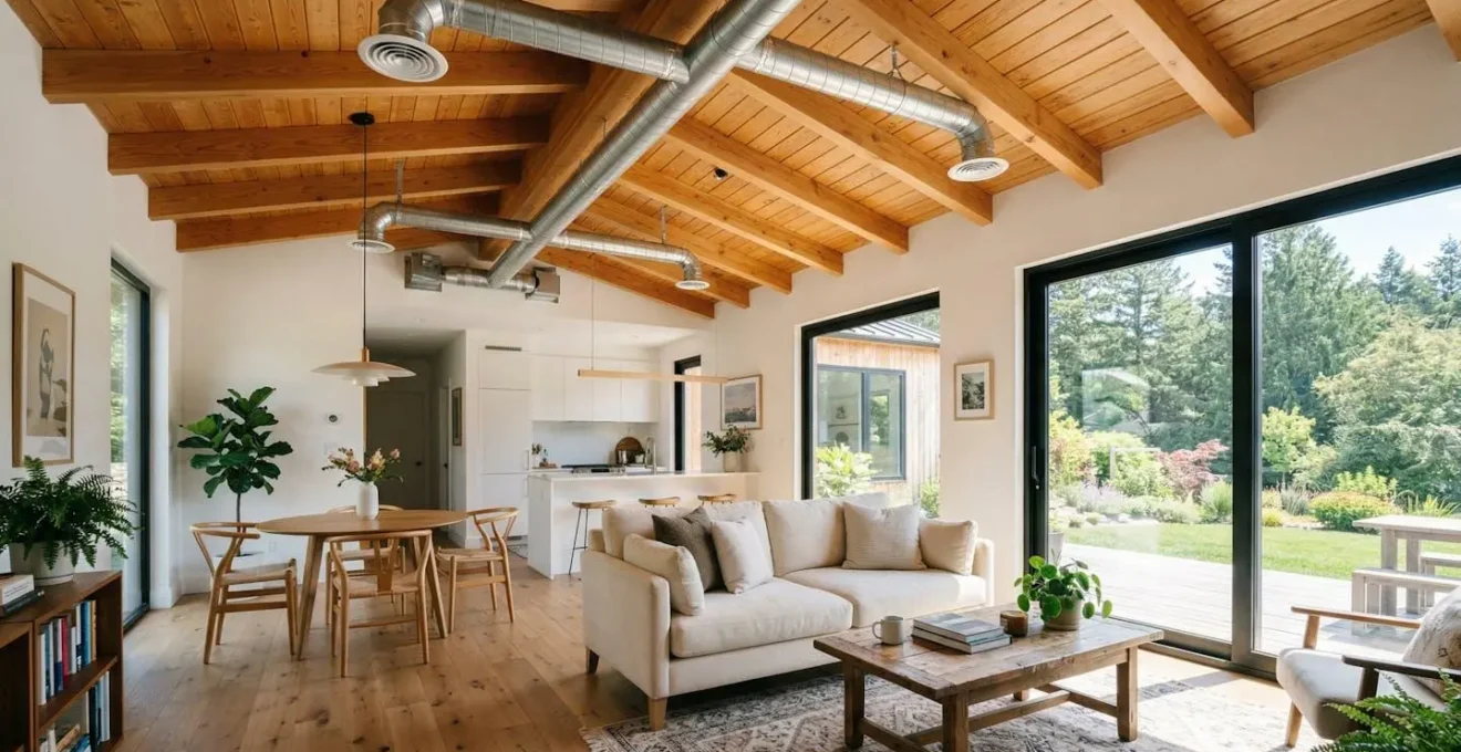 Intérieur lumineux d'une maison de vacances avec système de ventilation moderne visible au plafond