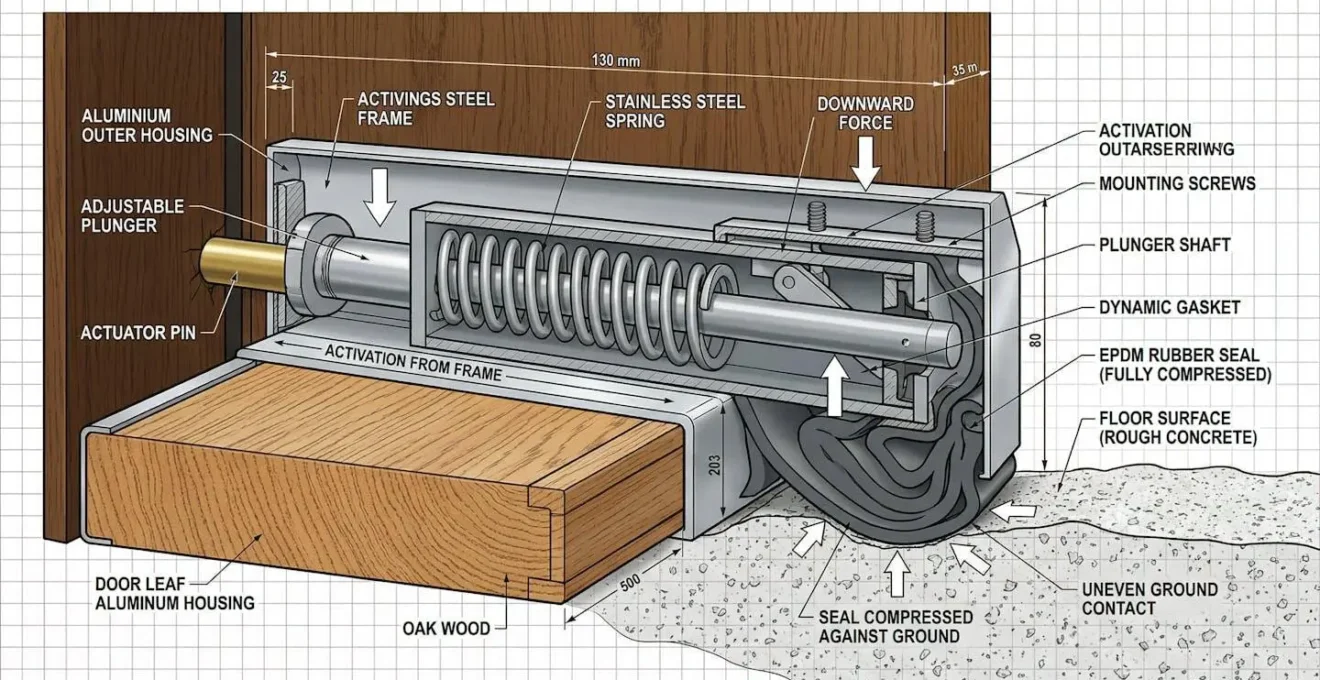 Coupe technique d'un joint guillotine automatique montrant le mécanisme de compression contre le sol