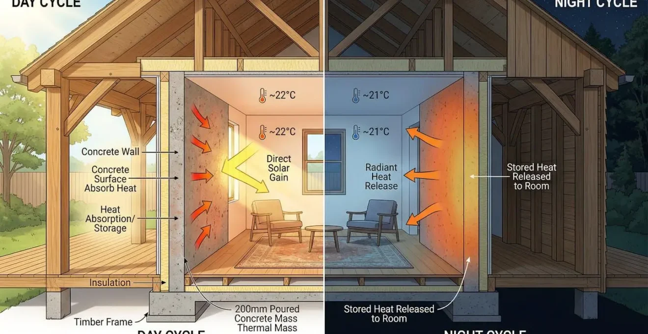 Coupe d'un mur en béton intérieur dans une maison ossature bois montrant le cycle thermique jour-nuit