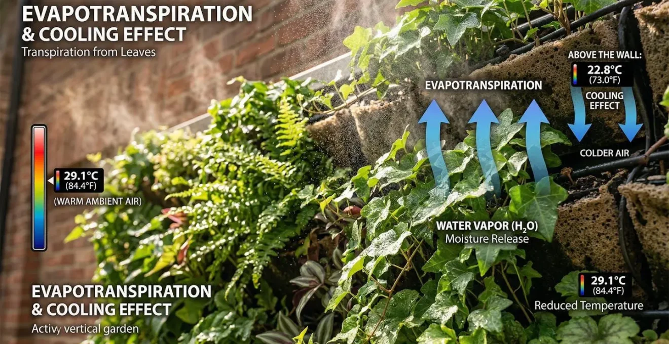 Vue détaillée d'un mur végétal montrant l'évapotranspiration et son effet rafraîchissant