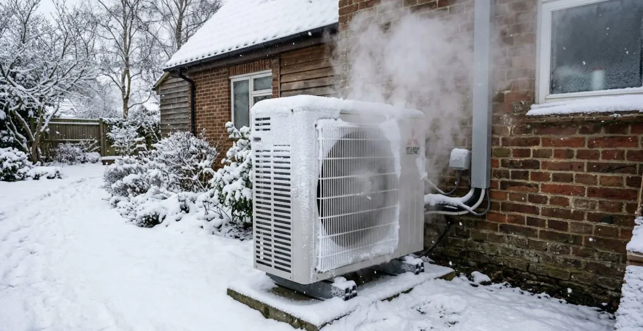 Unité extérieure de pompe à chaleur couverte de givre en hiver avec vapeur de dégivrage