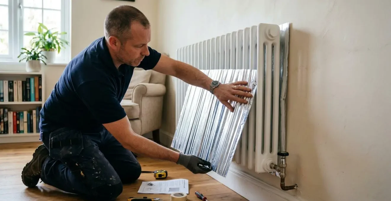 Installation d'un panneau réflecteur en aluminium derrière un radiateur mural