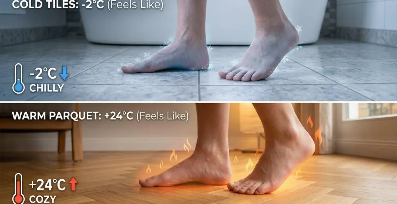 Comparaison de la sensation thermique de pieds nus sur du carrelage froid et du parquet chaud