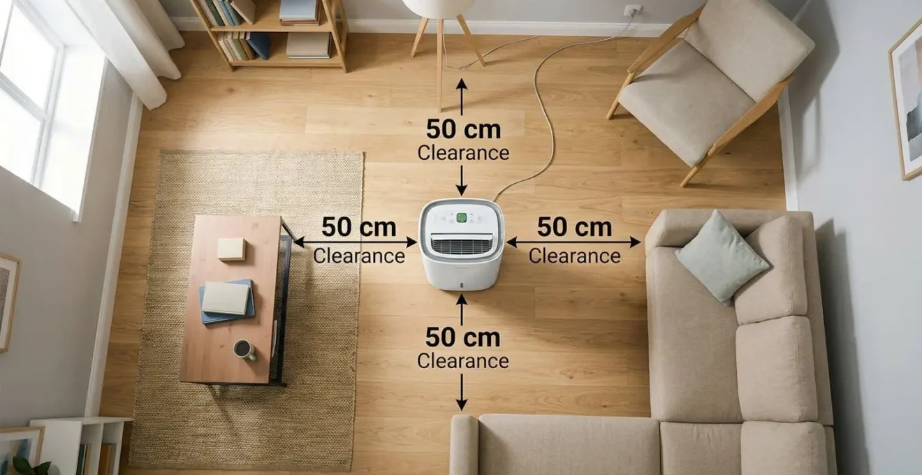 Vue aérienne d'un déshumidificateur correctement positionné au centre d'une pièce avec espace vital de 50cm