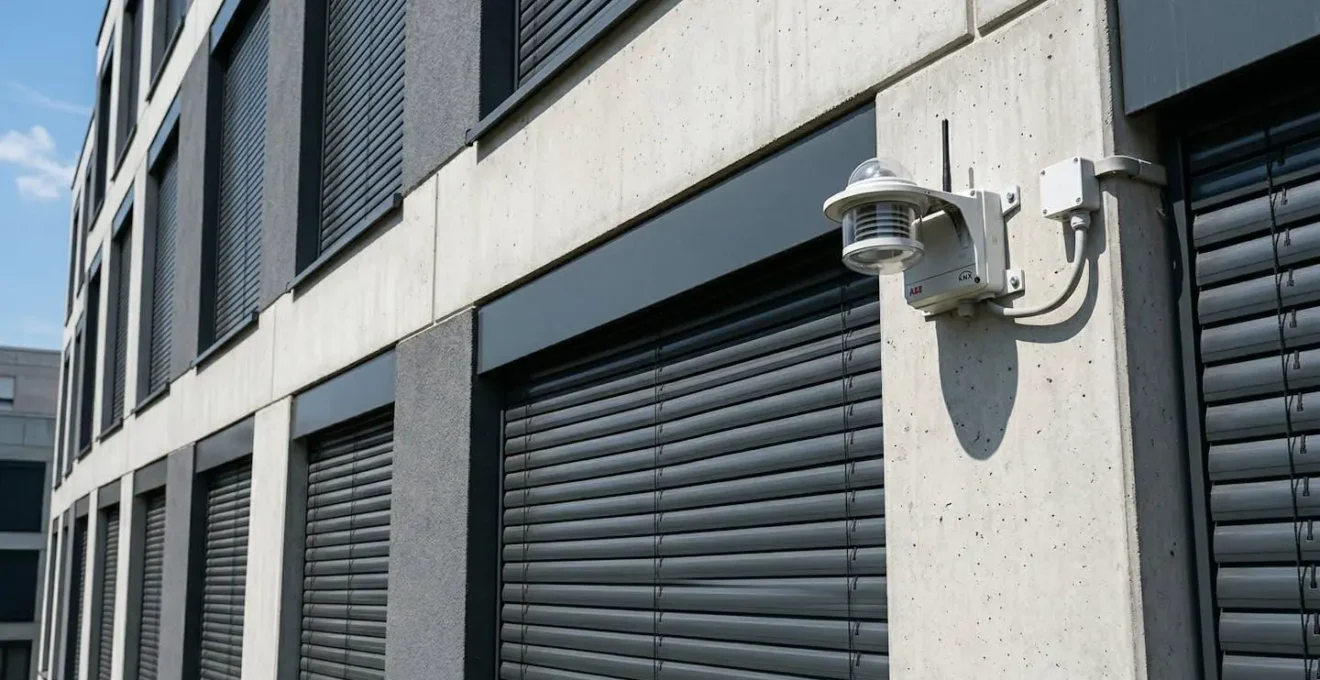 Capteur d'ensoleillement fixé sur une façade moderne avec volets fermés en arrière-plan