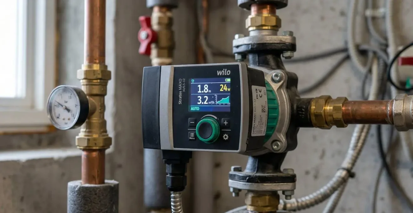 Gros plan sur une pompe de circulation moderne avec réglages de vitesse variable