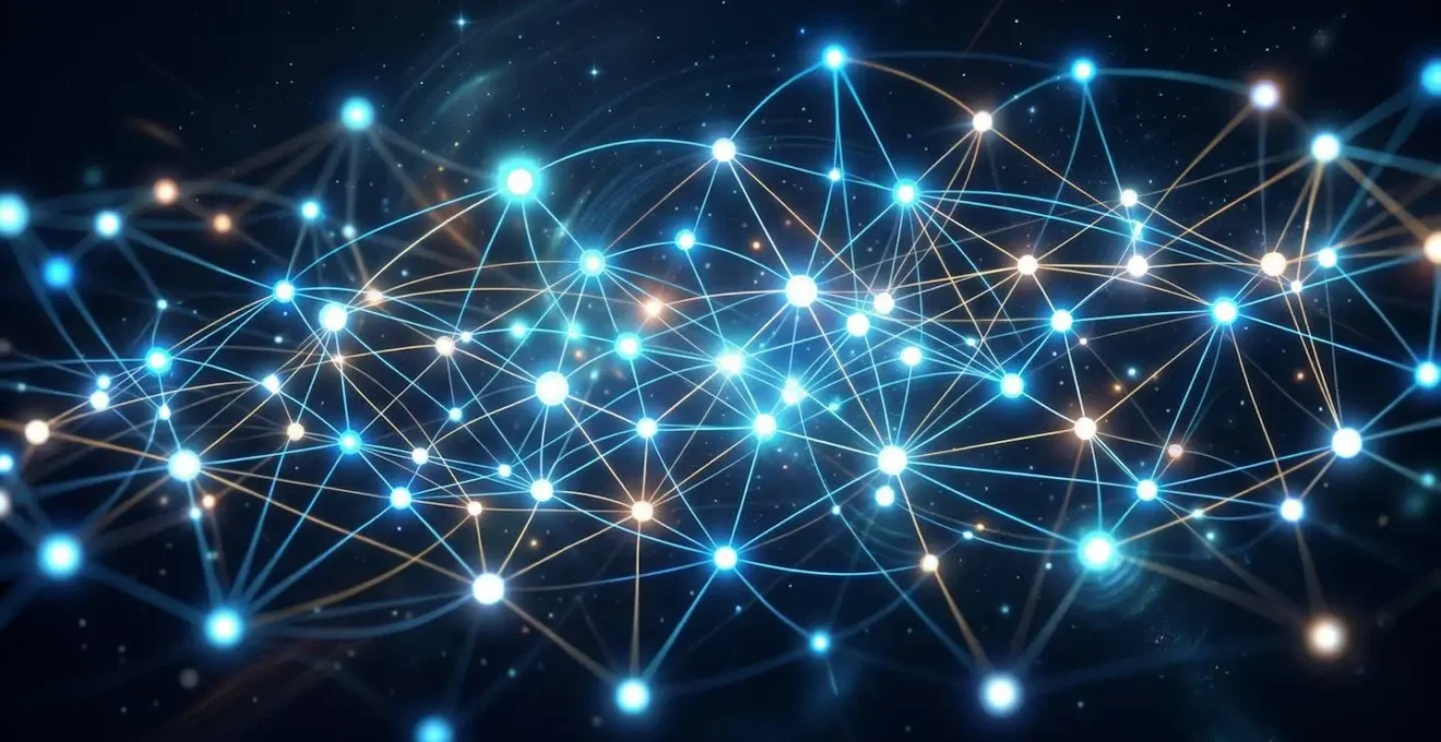 Représentation symbolique d'un réseau maillé avec plusieurs points lumineux interconnectés