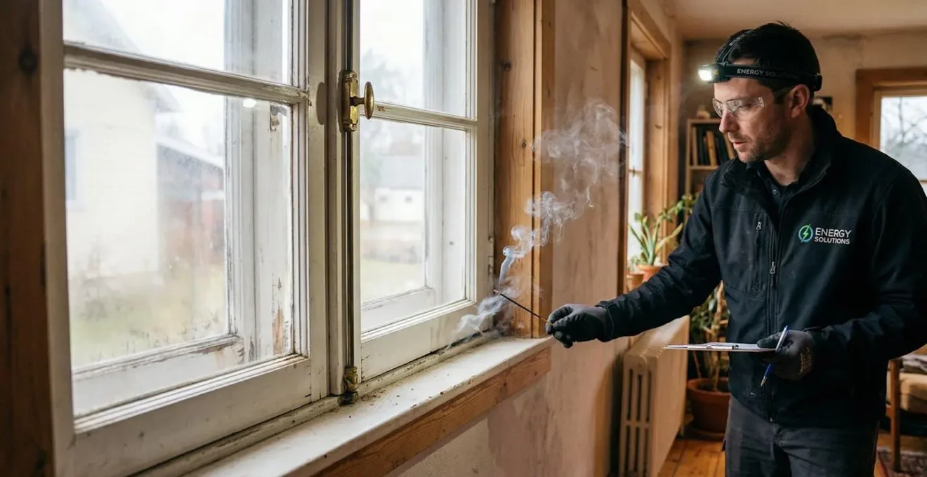 Test d'étanchéité à l'air avec fumée d'encens révélant les infiltrations près d'une fenêtre