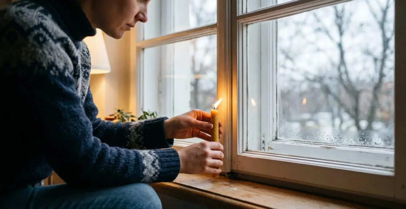 Main tenant une bougie près du cadre d'une fenêtre pour détecter les fuites d'air