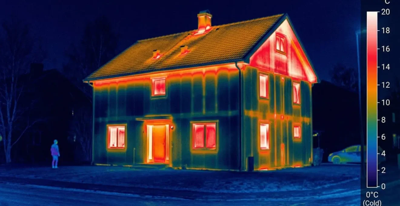 Image thermographique d'une maison montrant les différentes zones de déperdition de chaleur
