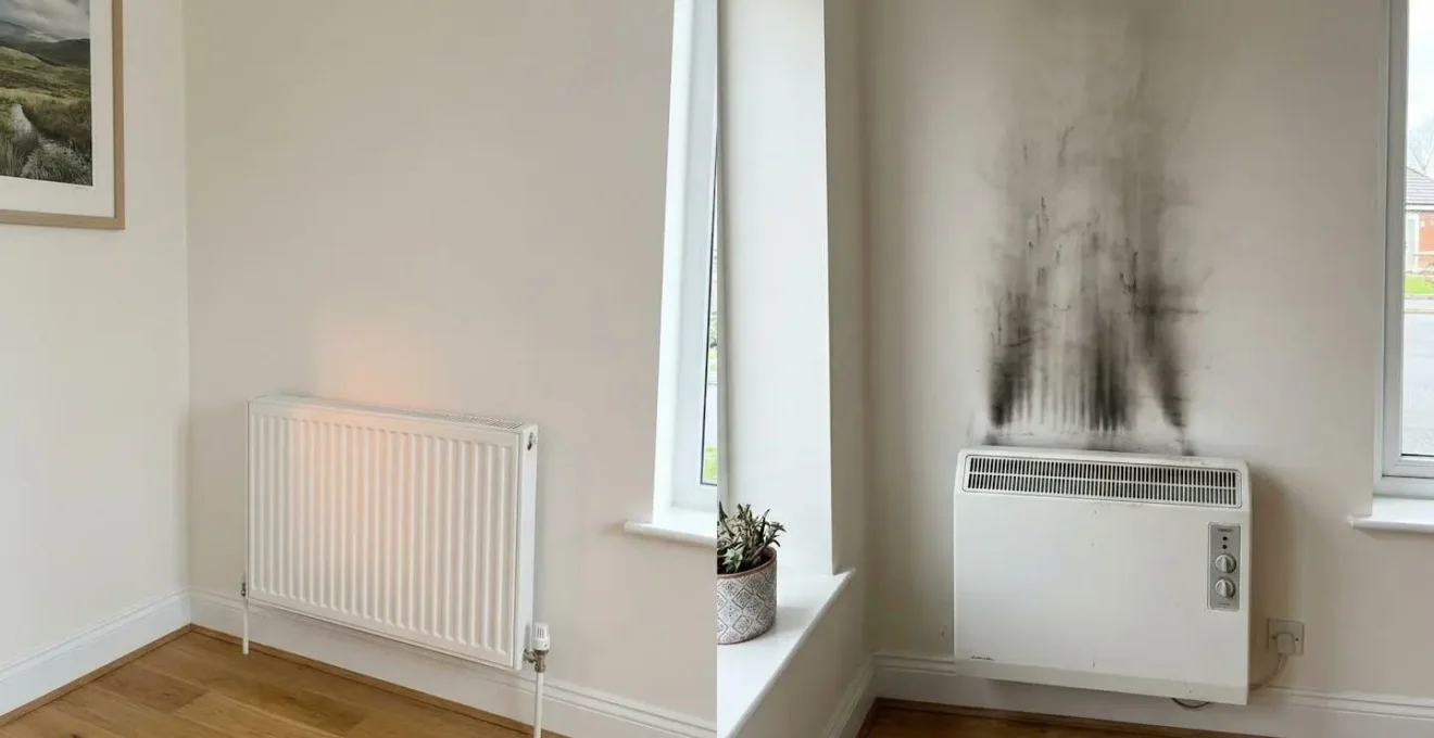 Comparaison visuelle entre un mur propre derrière un radiateur à chaleur douce et des traces noires typiques d'un convecteur