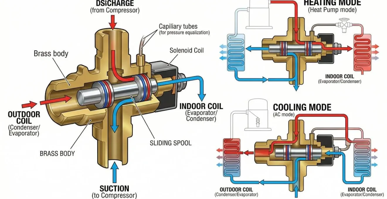 Mécanisme interne d'une vanne 4 voies de pompe à chaleur montrant les chemins de circulation du fluide