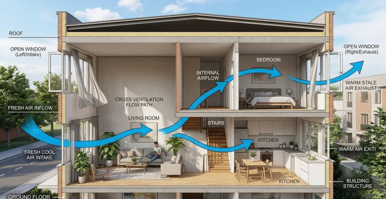 Vue en coupe d'un appartement montrant la circulation de l'air entre deux fenêtres ouvertes créant une ventilation traversante