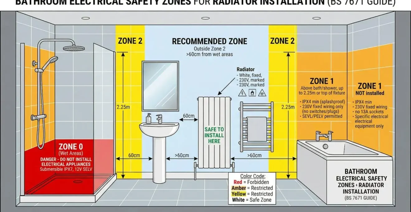 Zones de sécurité pour l'installation d'un radiateur dans une salle de bain