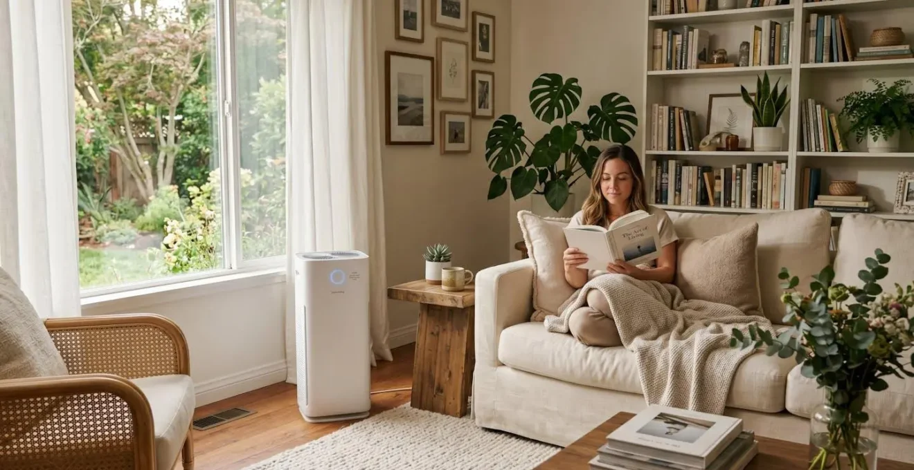 Environnement salon paisible avec rafraîchisseur d'air silencieux en fonctionnement