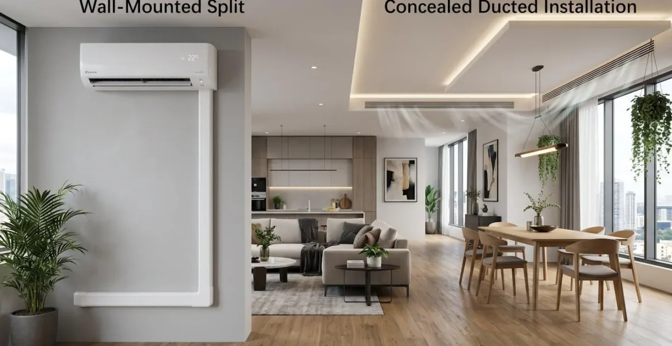 Comparaison visuelle entre une installation gainable invisible et des splits muraux dans un intérieur moderne