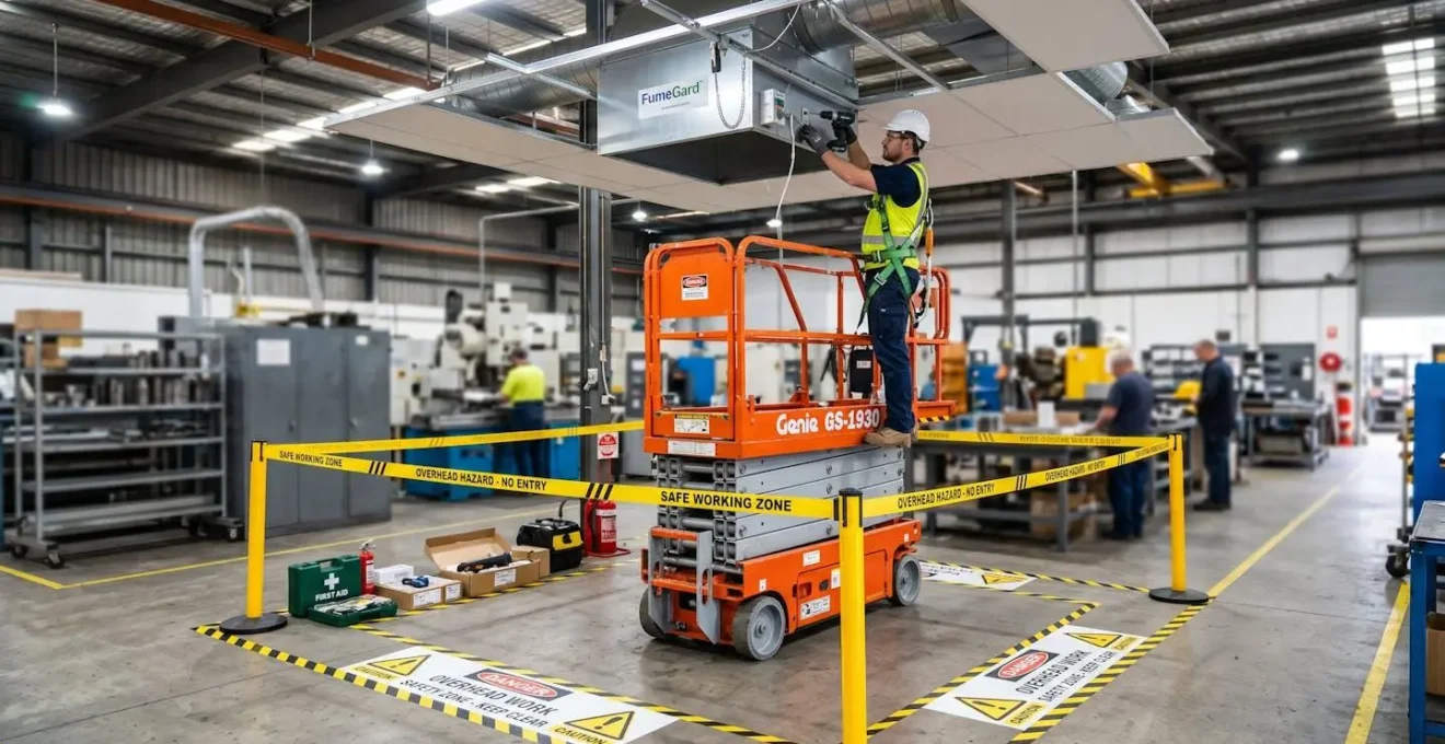 Détail technique de l'installation d'un extracteur avec zones de sécurité visibles