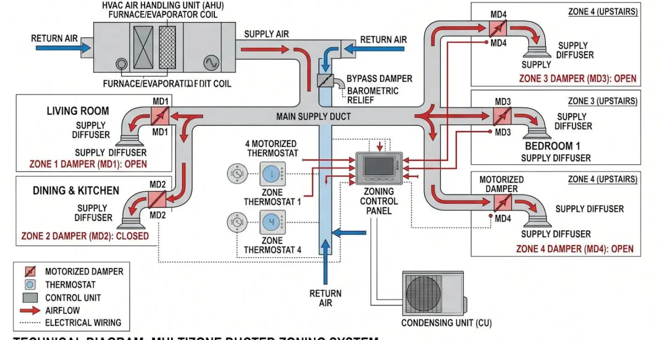 Schéma technique d'un système de zoning multizone pour climatisation gainable avec registres motorisés